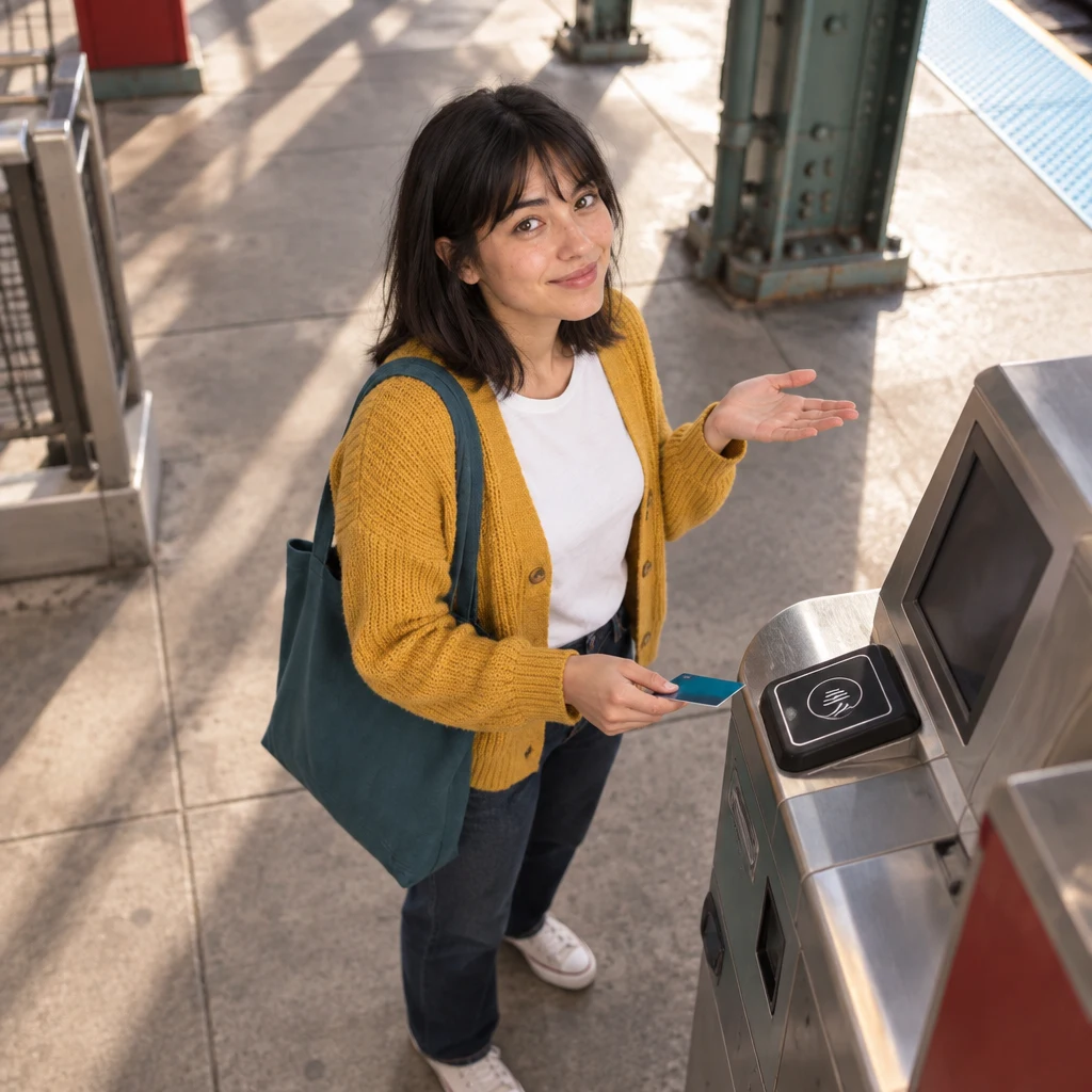 Ana gestures toward the machine as she checks whether it is the right place to add money.