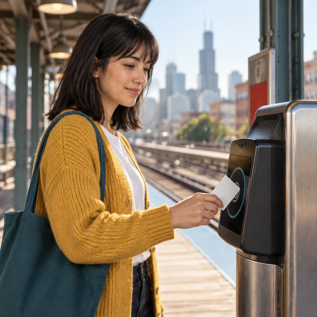 Ana holds her card beside the machine reader, ready to identify which card to top up.