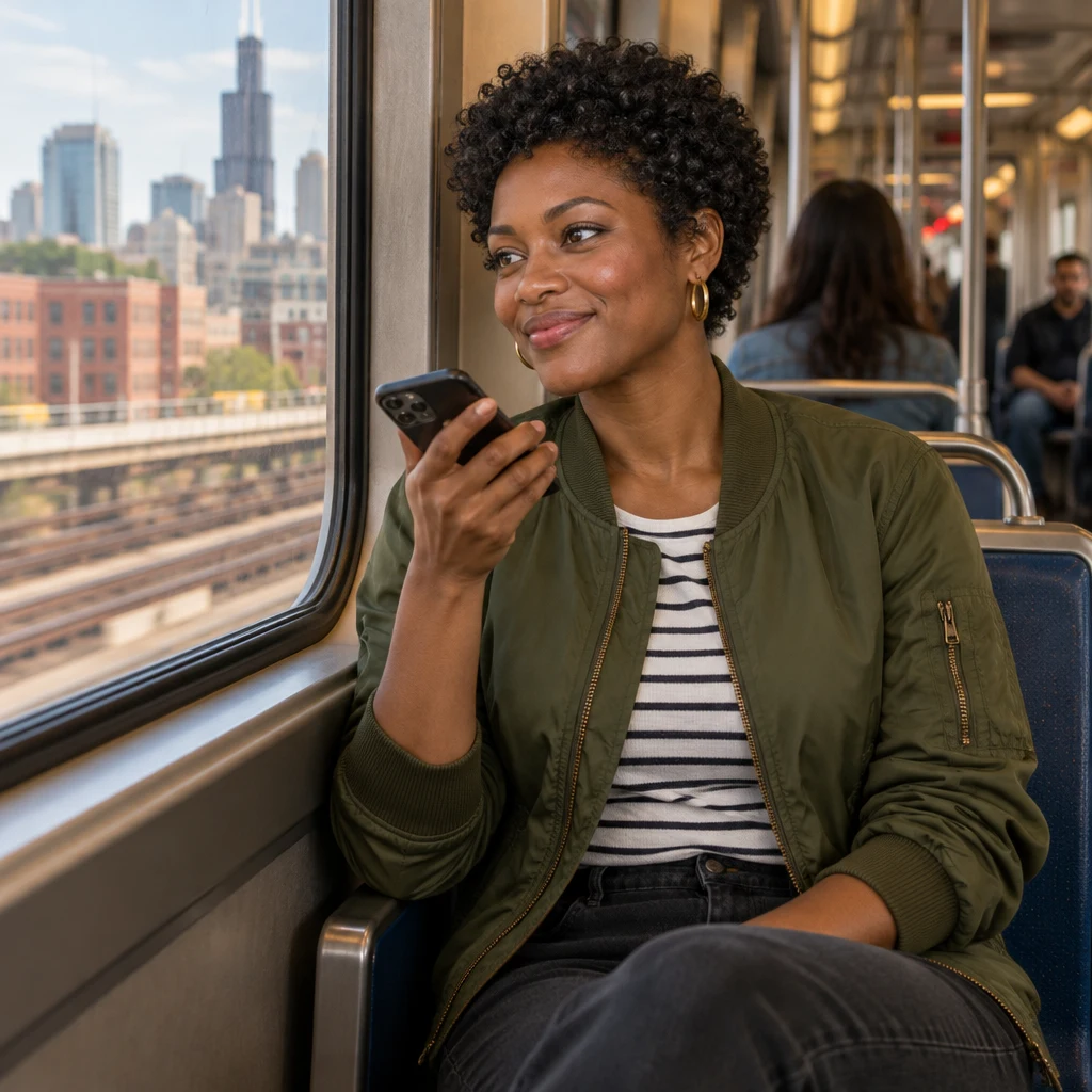 Tasha records a voice memo while riding the train toward the diner.