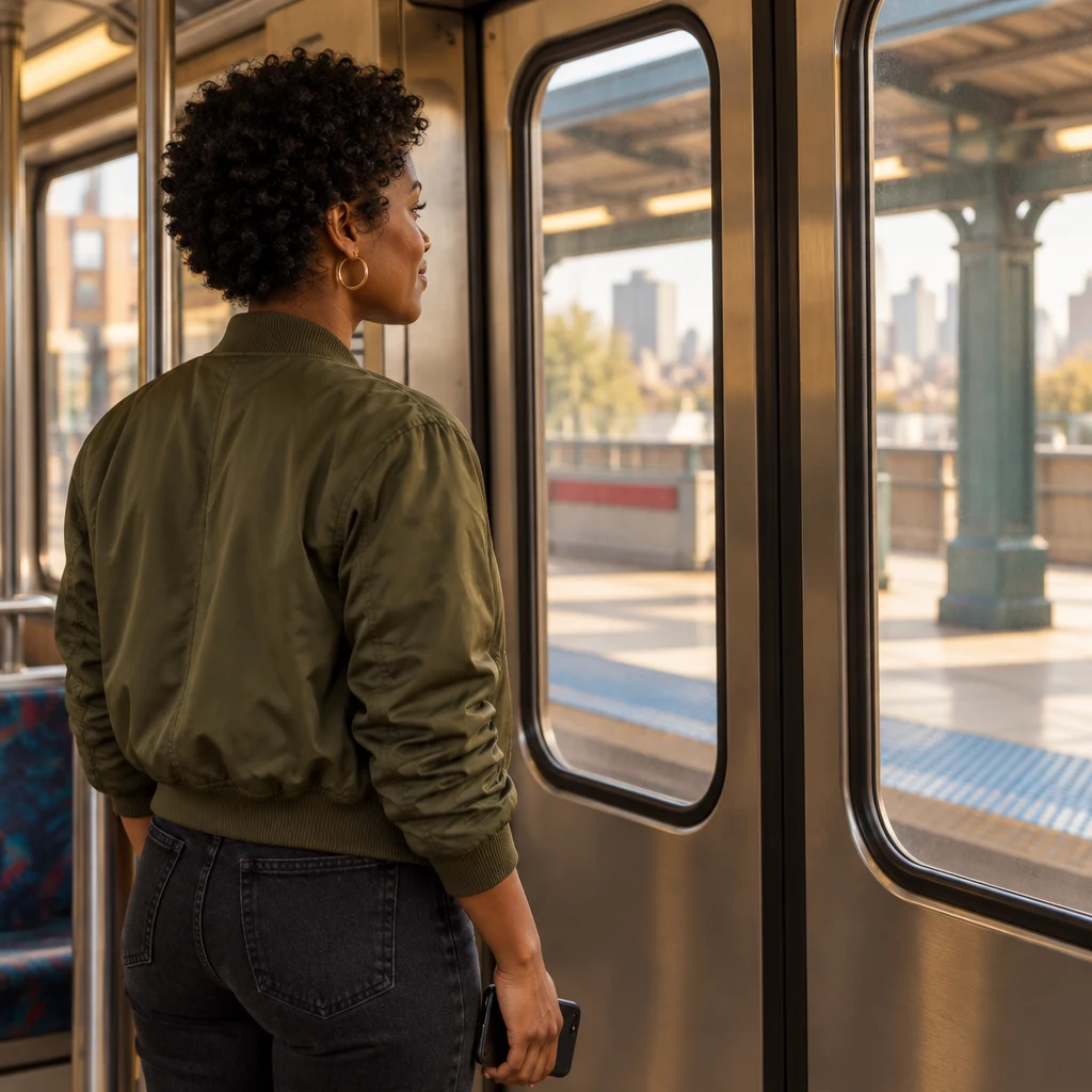 Tasha watches the platform as the train eases into a station.