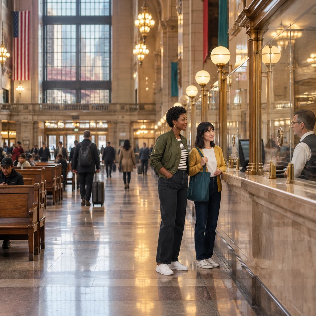 Tasha and Ana stand together at the ticket window in the busy station hall.