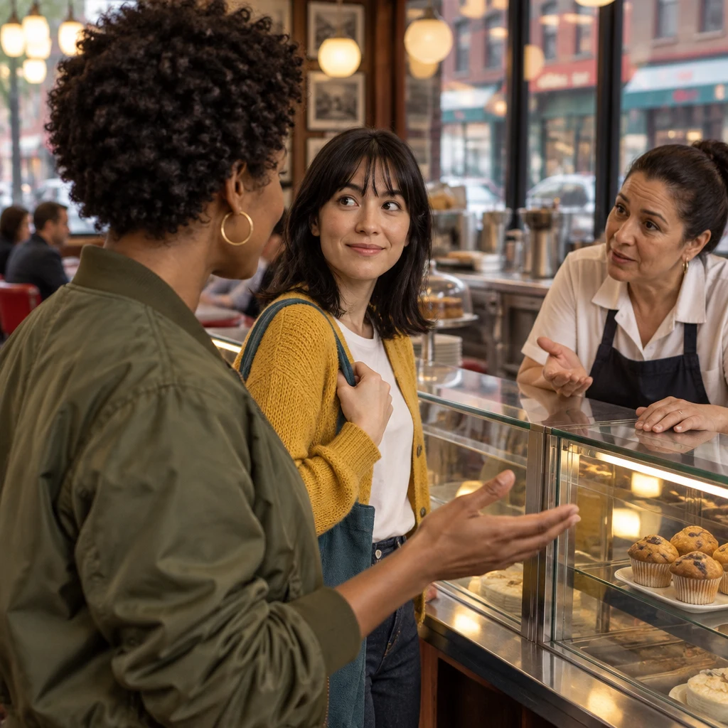 The clerk asks whether Ana is coming back too, and Tasha explains the round trip simply.