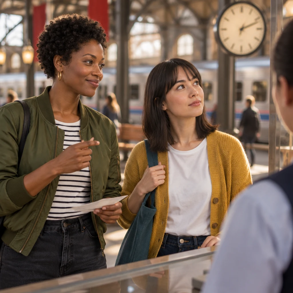 Ana asks about the departure time and learns the train is delayed.