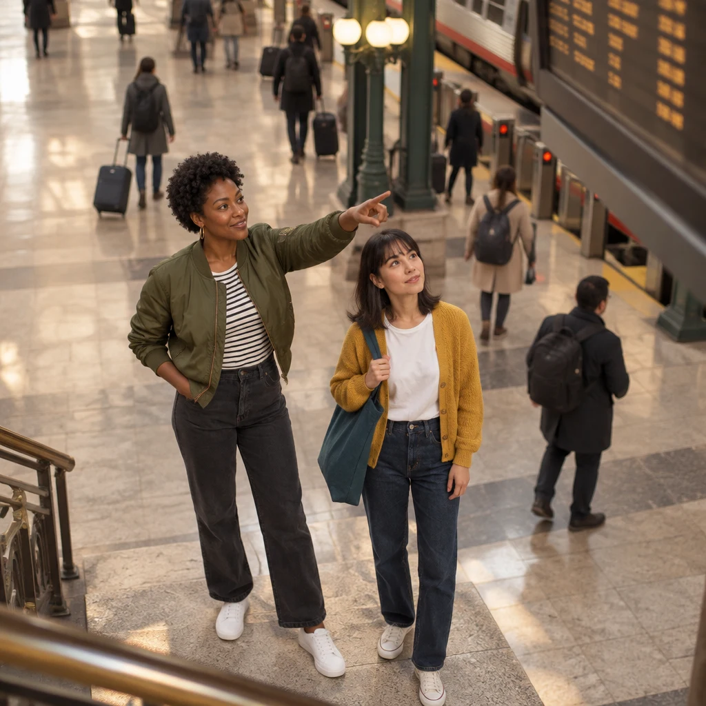 Ana asks which platform the train uses as Tasha points toward the concourse.