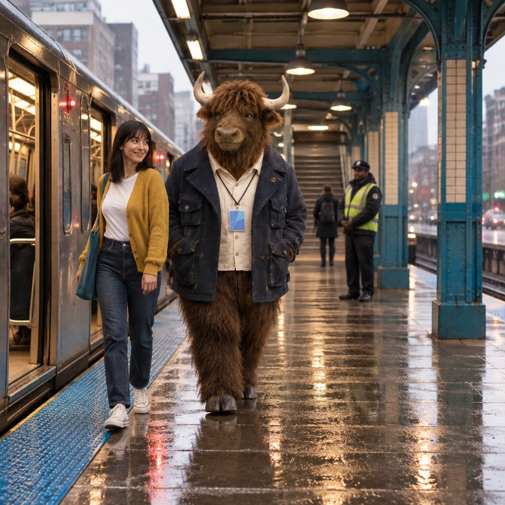 Ana and Murray step off the train onto the rainy Logan Square platform as a staff member waits near the stairs.