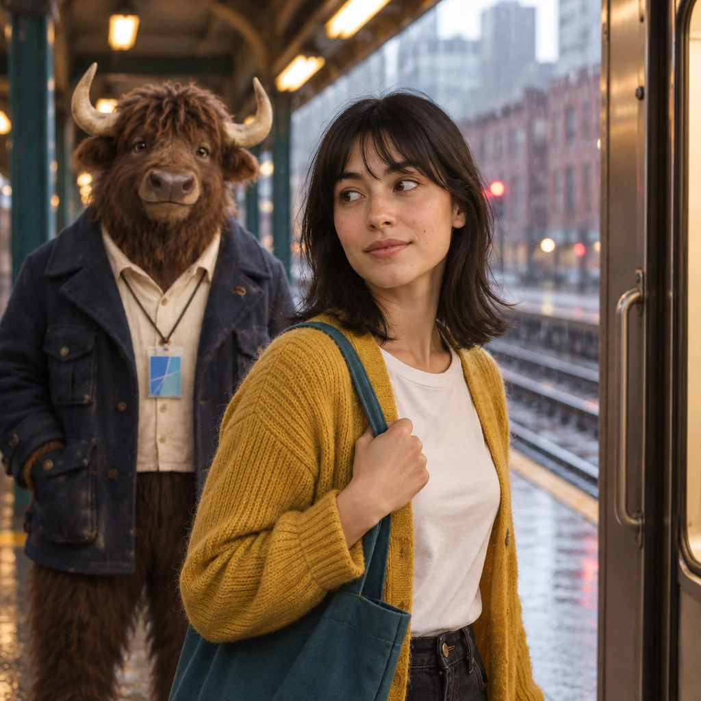Ana turns back toward the open train doors, realizing her umbrella is missing, while Murray waits behind her.