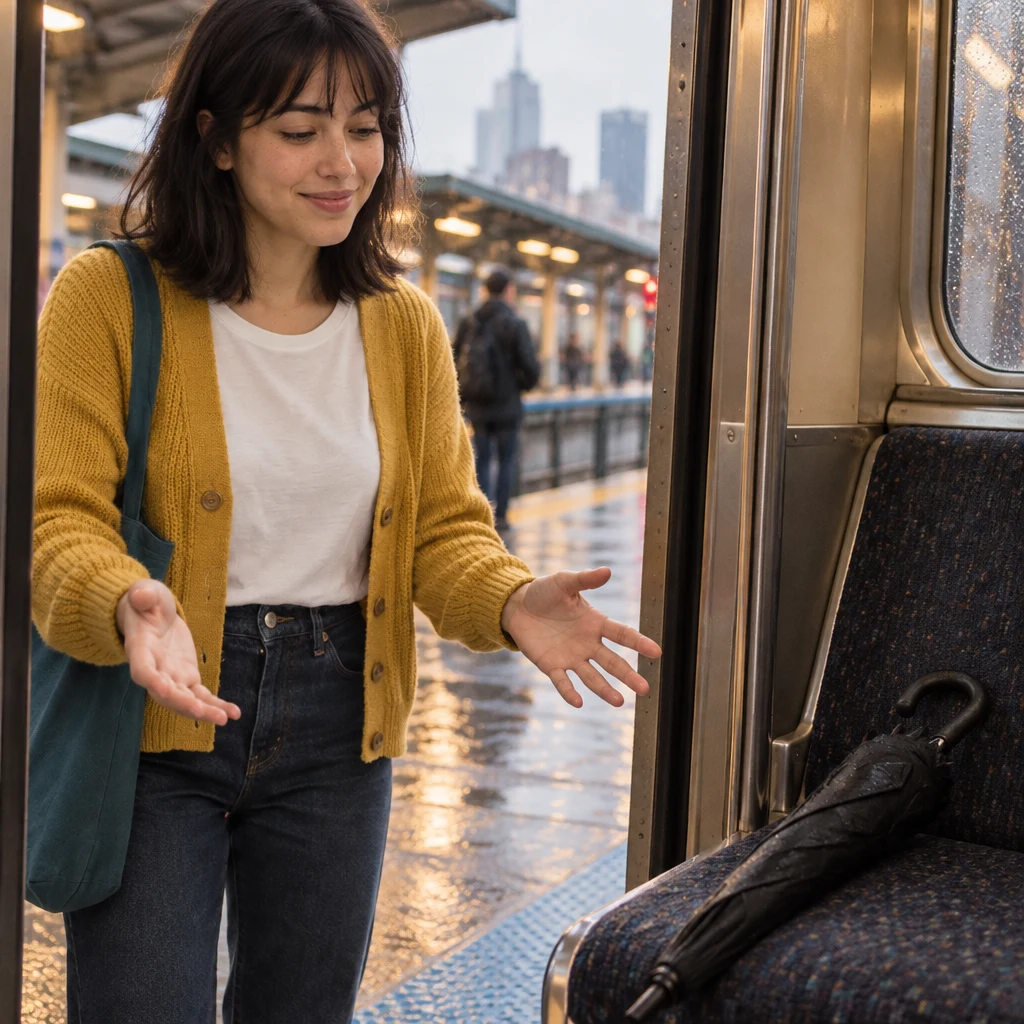 Ana holds her empty hands apart as her long black umbrella remains on a train seat.