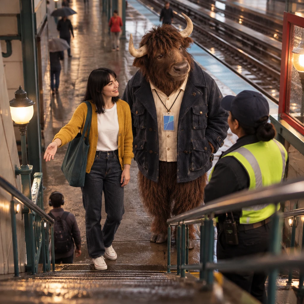 Ana gestures toward the stairs while asking the station staff member where lost things are taken, with Murray beside her.