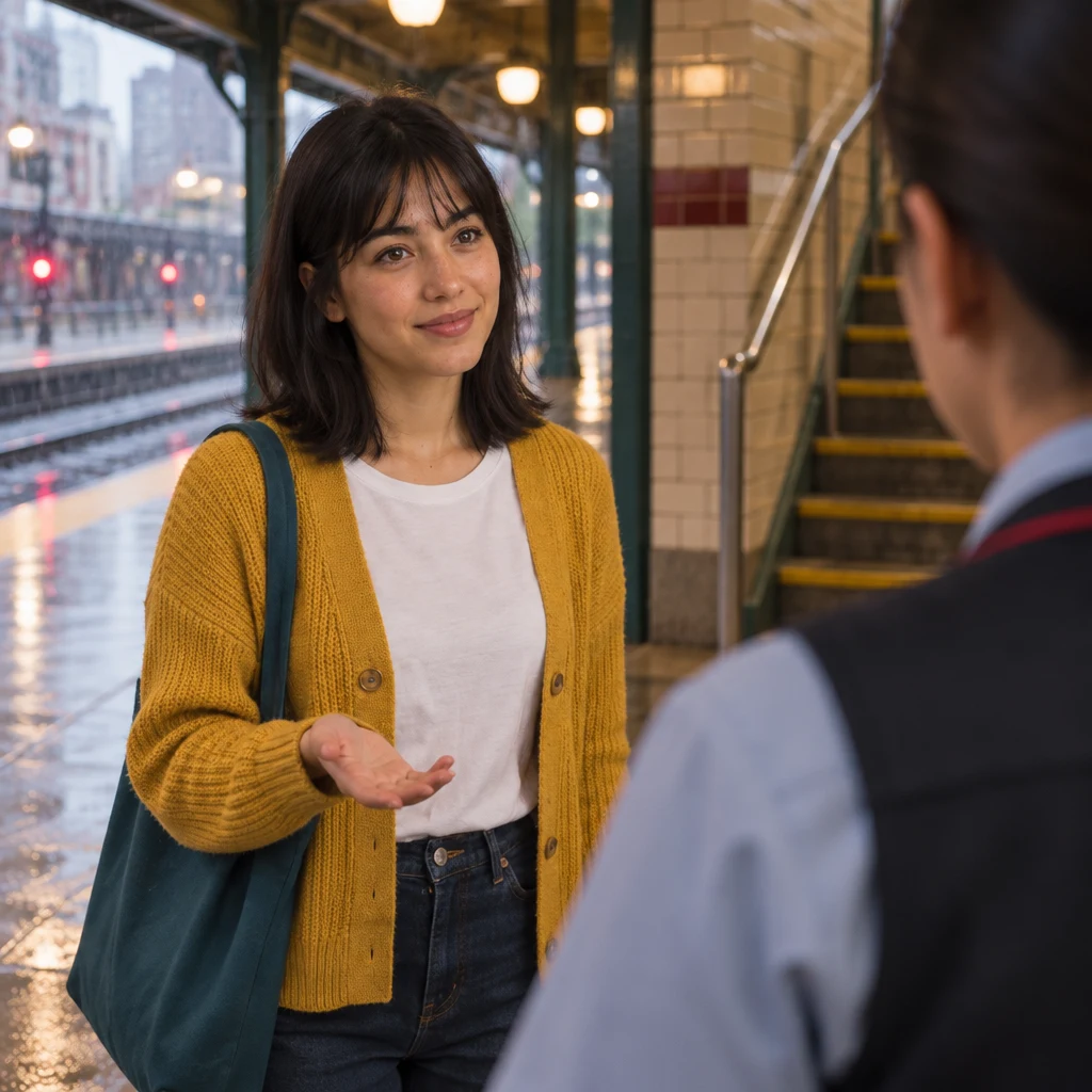 Ana opens one empty palm toward the staff member near the platform stairs.