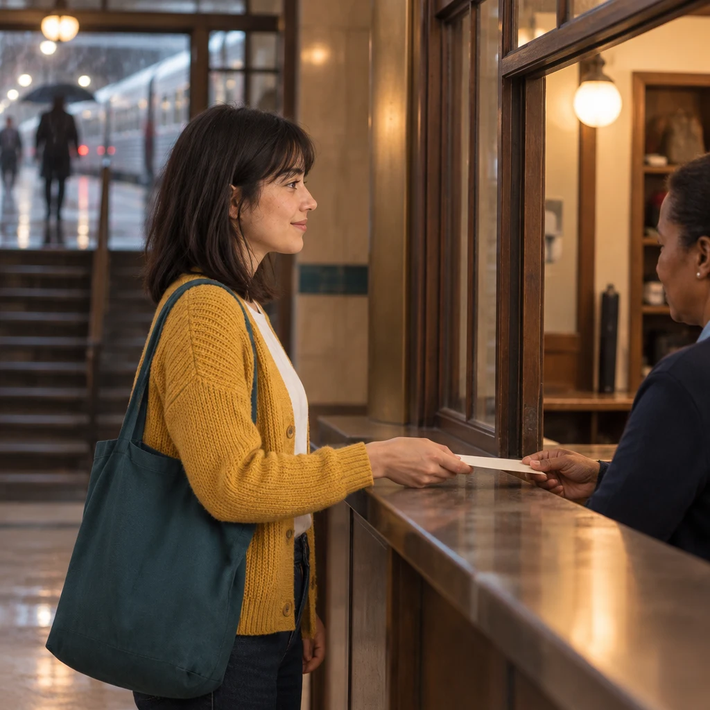At the downstairs lost-and-found counter, Ana offers a plain slip of paper to the staff member.