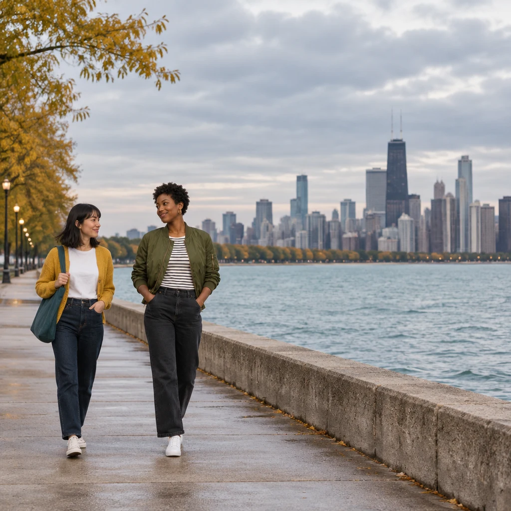Ana and Tasha walk together along a quiet stretch of the Chicago lakefront path.