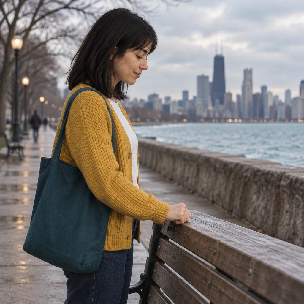 Ana taps her knuckles on a wooden bench beside the lakefront path.