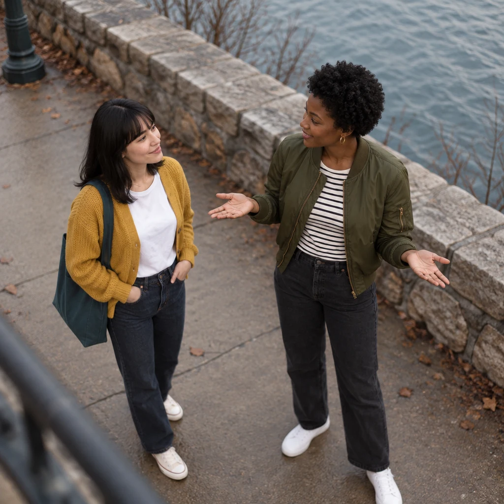 Tasha opens both hands in a questioning shrug as she and Ana talk about whether luck is real.