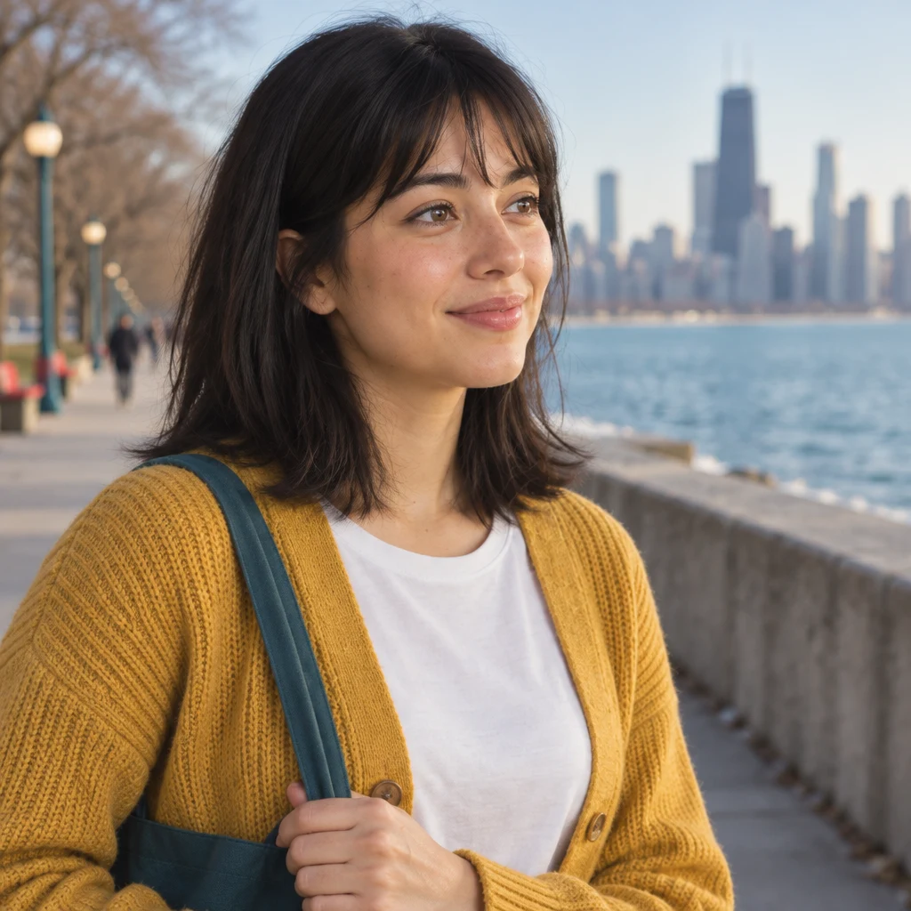 Ana holds her tote with both hands and looks along the path as if asking for good luck.