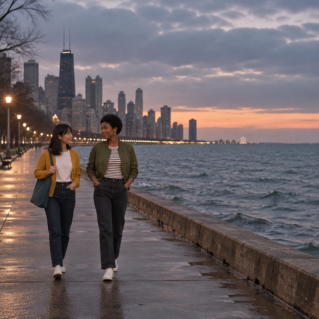 Ana and Tasha walk side by side along the cold Chicago lakefront.