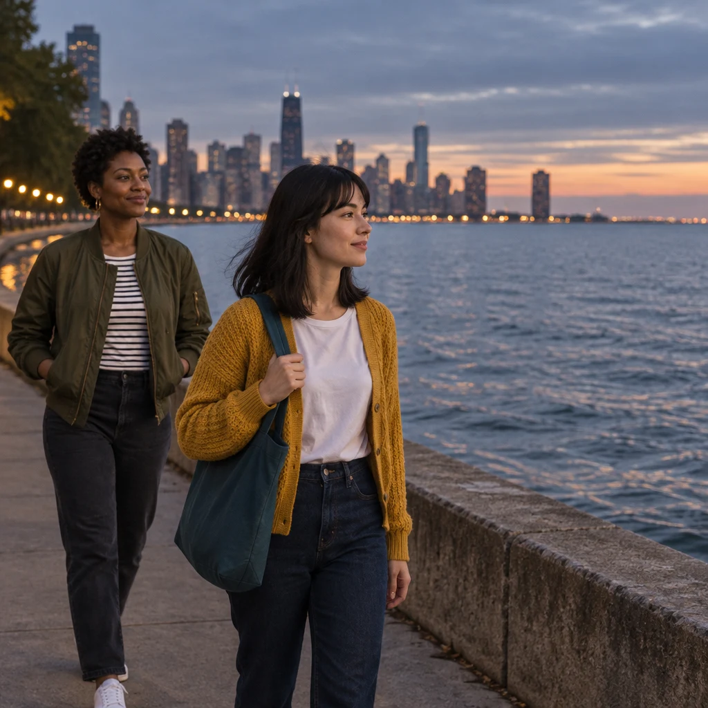 Ana looks across the lake as Tasha walks a little behind her.