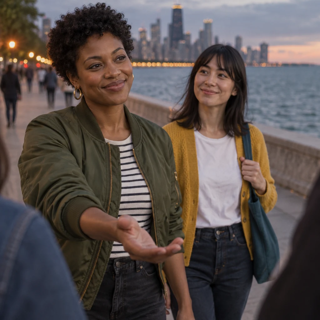 Tasha opens a hand toward people sharing the path as Ana walks beside her.