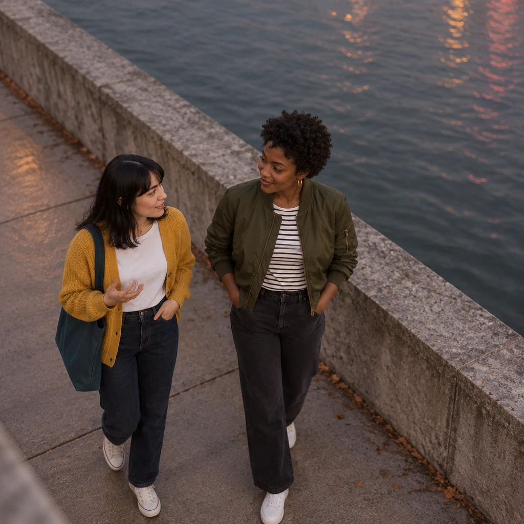 Ana and Tasha pause by the wall while Ana makes a small uncertain gesture.