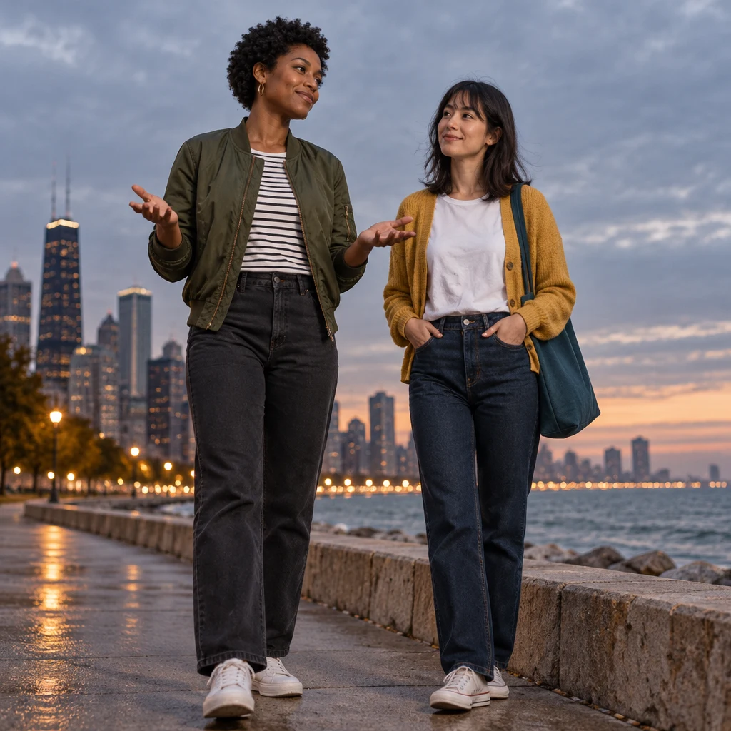 Tasha holds both hands open as Ana listens beside her.