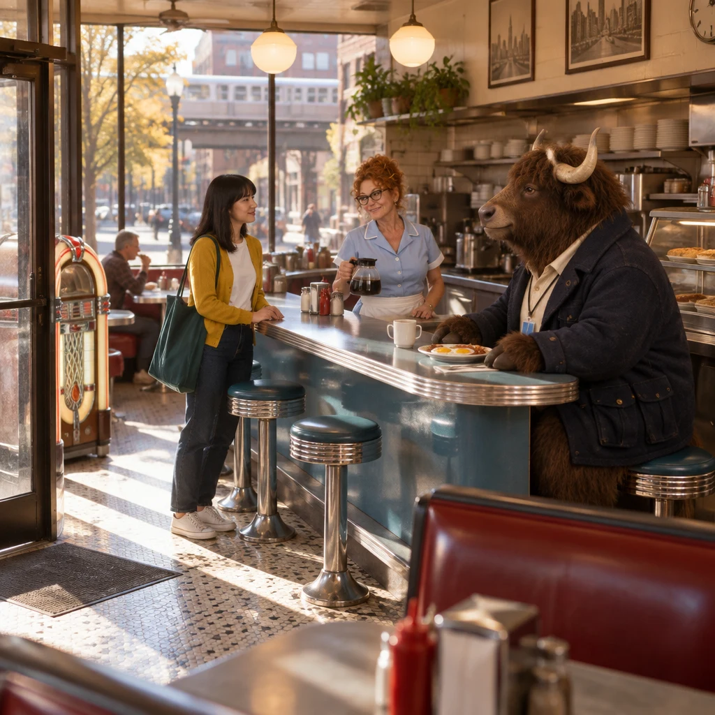 Ana reaches the counter as Dee holds the coffee pot and Murray sits with eggs and unfinished coffee.