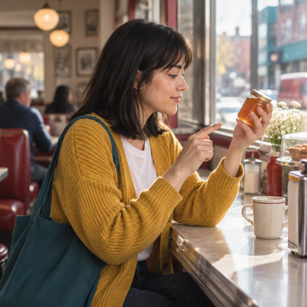 Ana studies the honey jar as she signals that its word is new to her.
