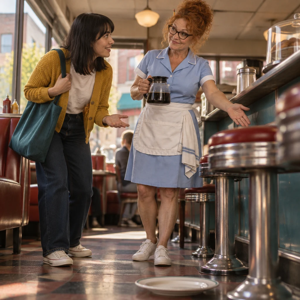 After a plate lands behind the counter, Ana leans toward Dee because she missed the last words.