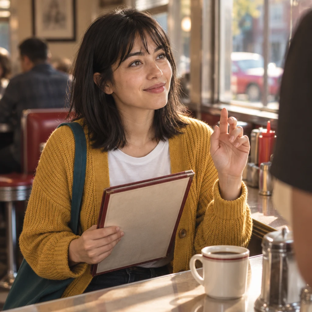 Ana lifts a hand in a polite request while holding the menu.