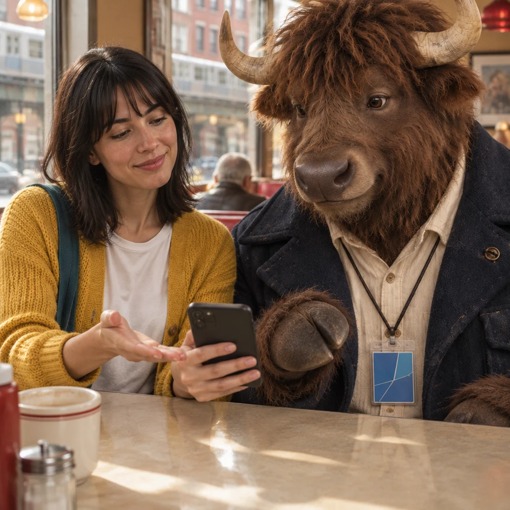 Ana holds out her dark phone to Murray with a polite asking gesture.