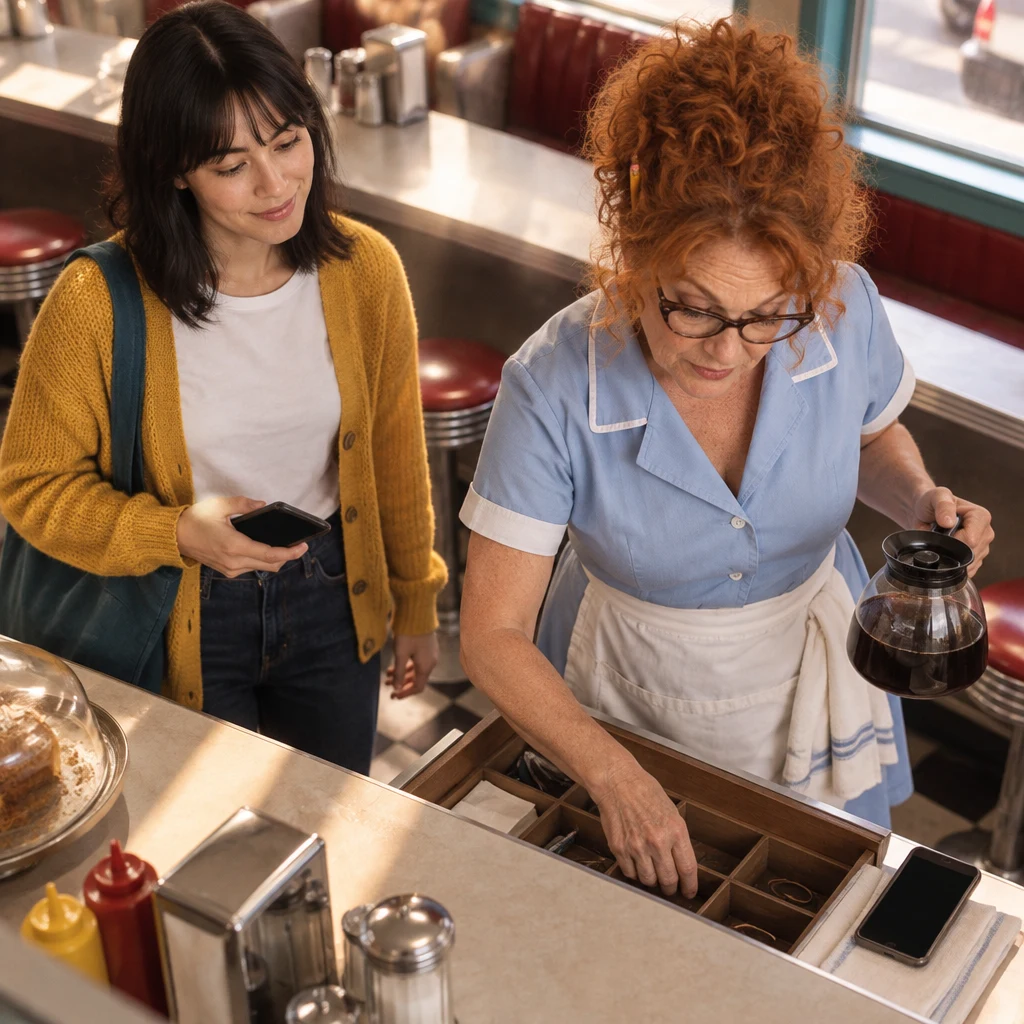 Dee sets down her phone and searches for a charger while Ana waits nearby.