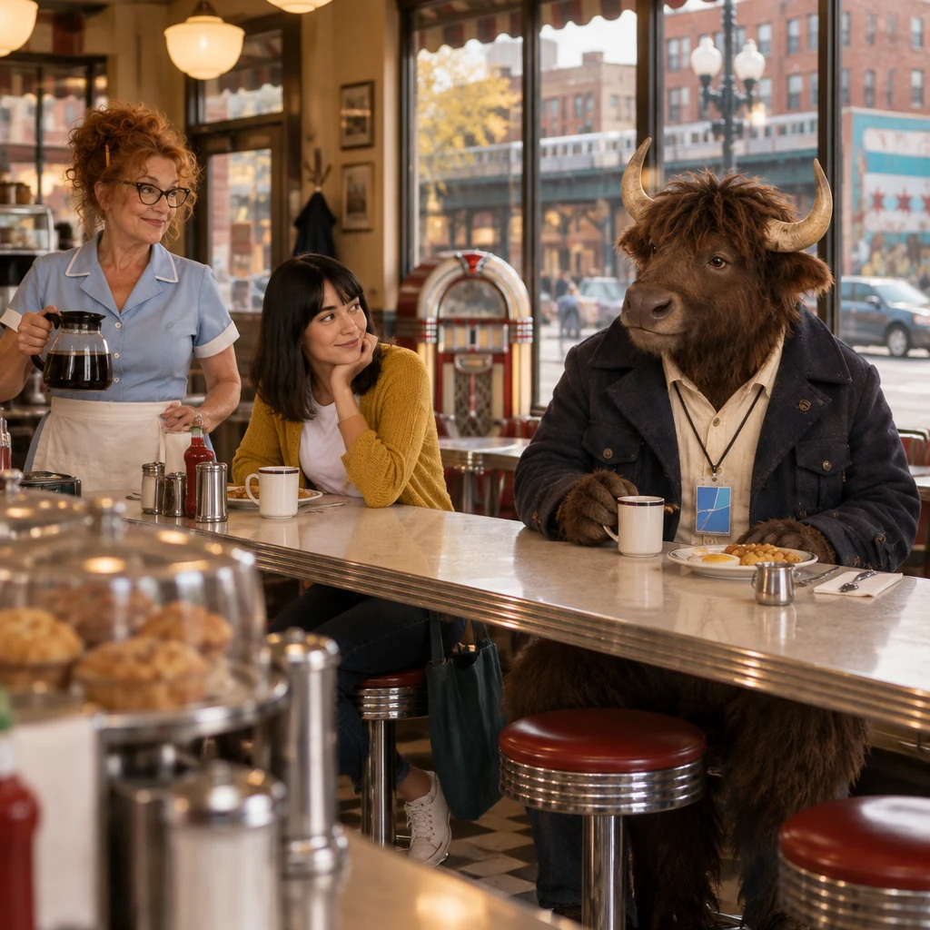 Ana sits at the counter as Dee holds the coffee pot and Murray sits with eggs and an unfinished cup.