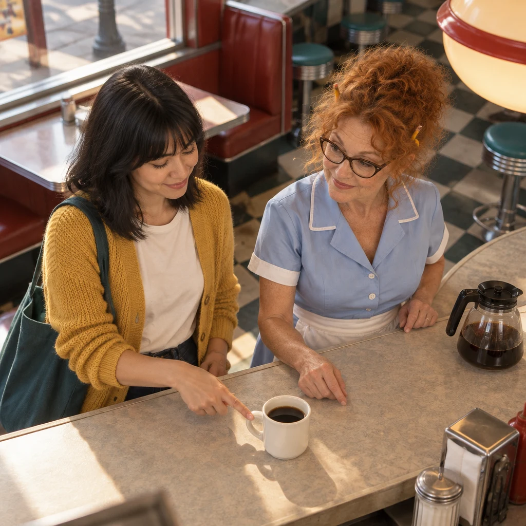 Ana indicates her cup while Dee checks that she understood.