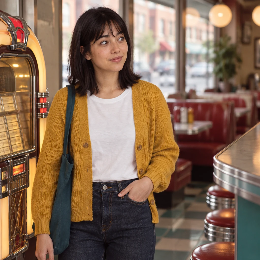Ana looks puzzled as she checks her empty pockets and tries to get Dee’s attention.