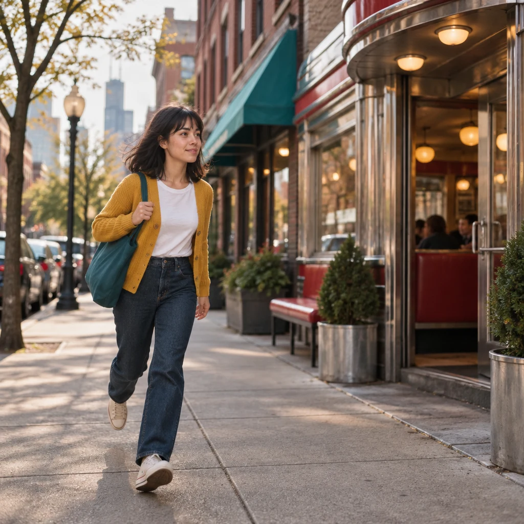 Ana hurries along Larch Street toward the diner.