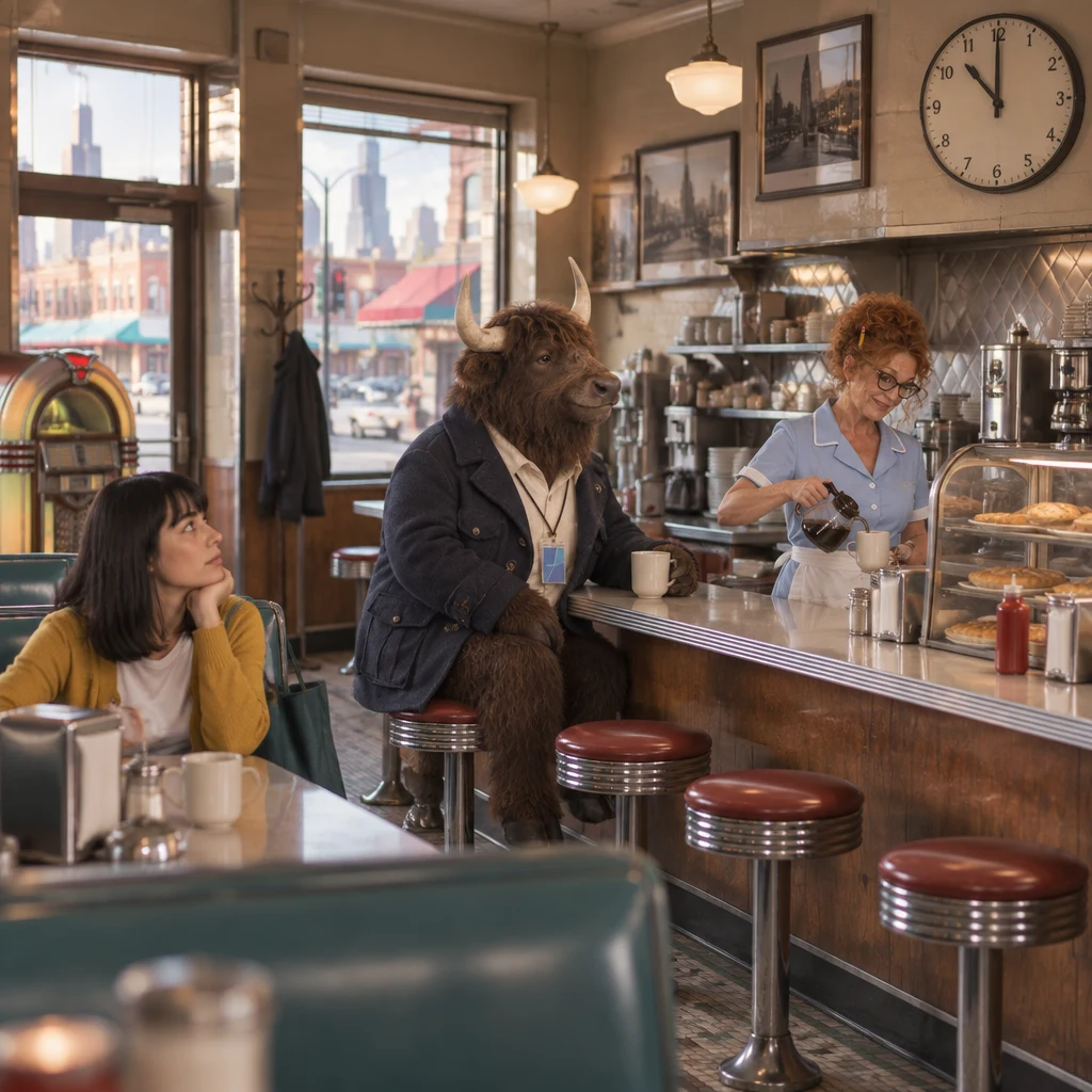 Ana glances toward the clock as Dee pours coffee and Murray sits on two stools with a little coffee left in his cup.