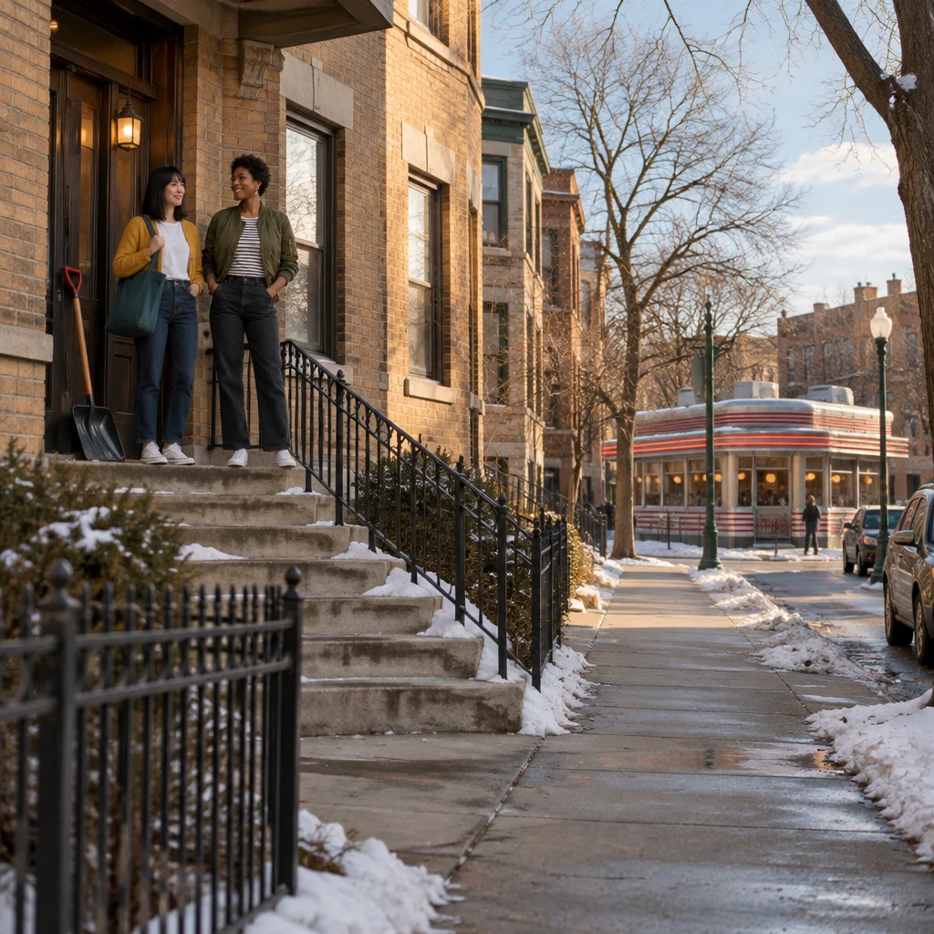 Ana and Tasha stand on the porch beside a snow shovel, with the quiet street and corner diner around them.