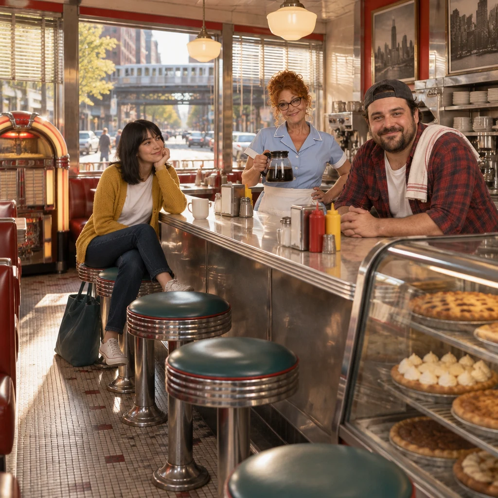 Danny leans on the diner counter beside Ana while Dee waits with the coffee pot.