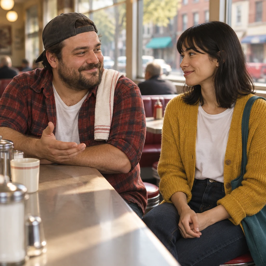 Danny asks Ana about her work with a friendly open-handed gesture.