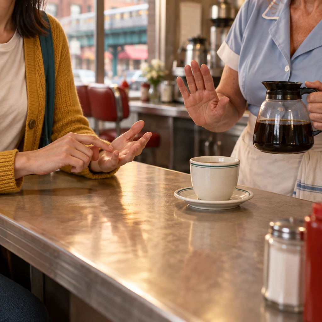 Ana lists her work tasks with her hands while Dee gently signals for a shorter answer.