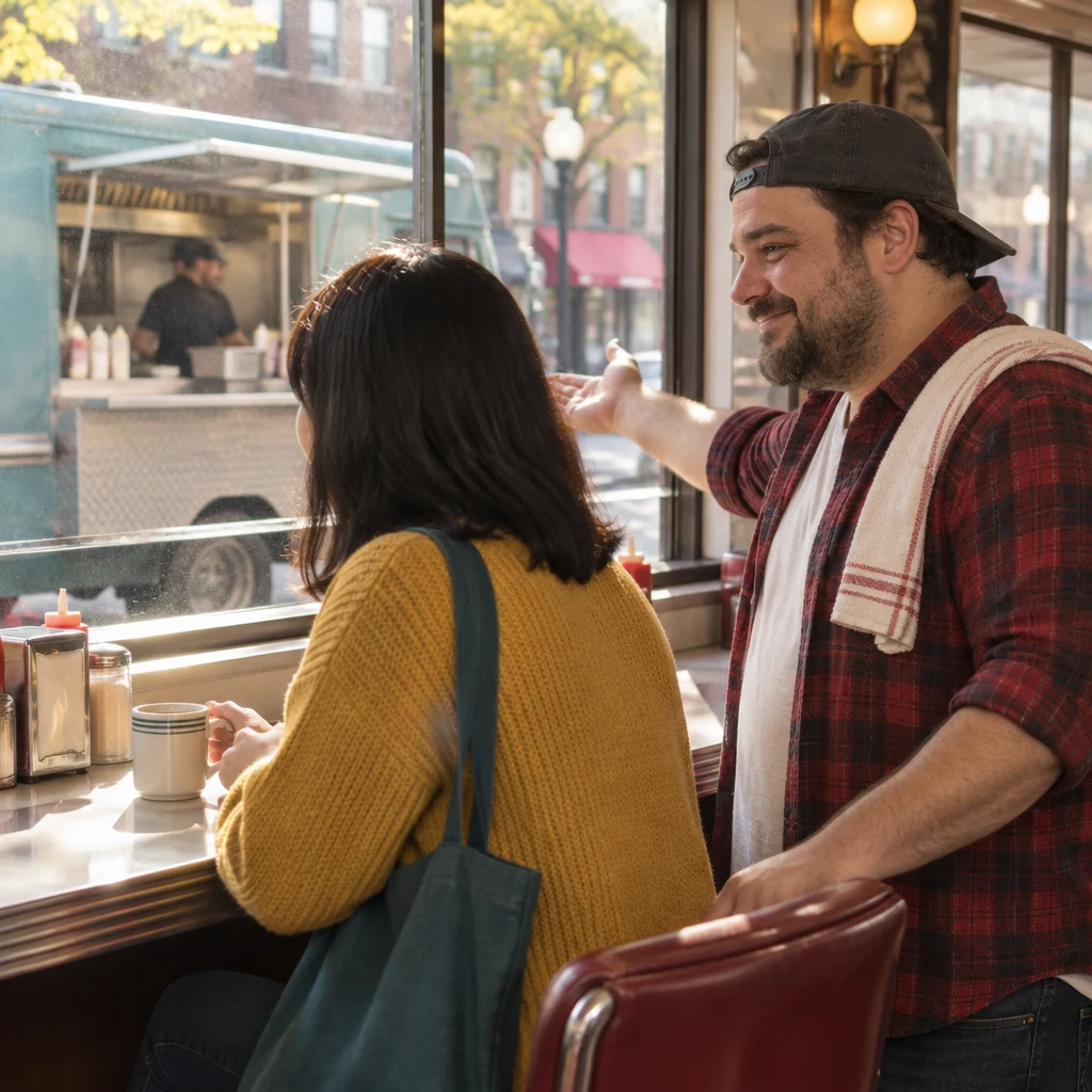 Danny points out the food truck as his workplace while Ana follows his gesture.