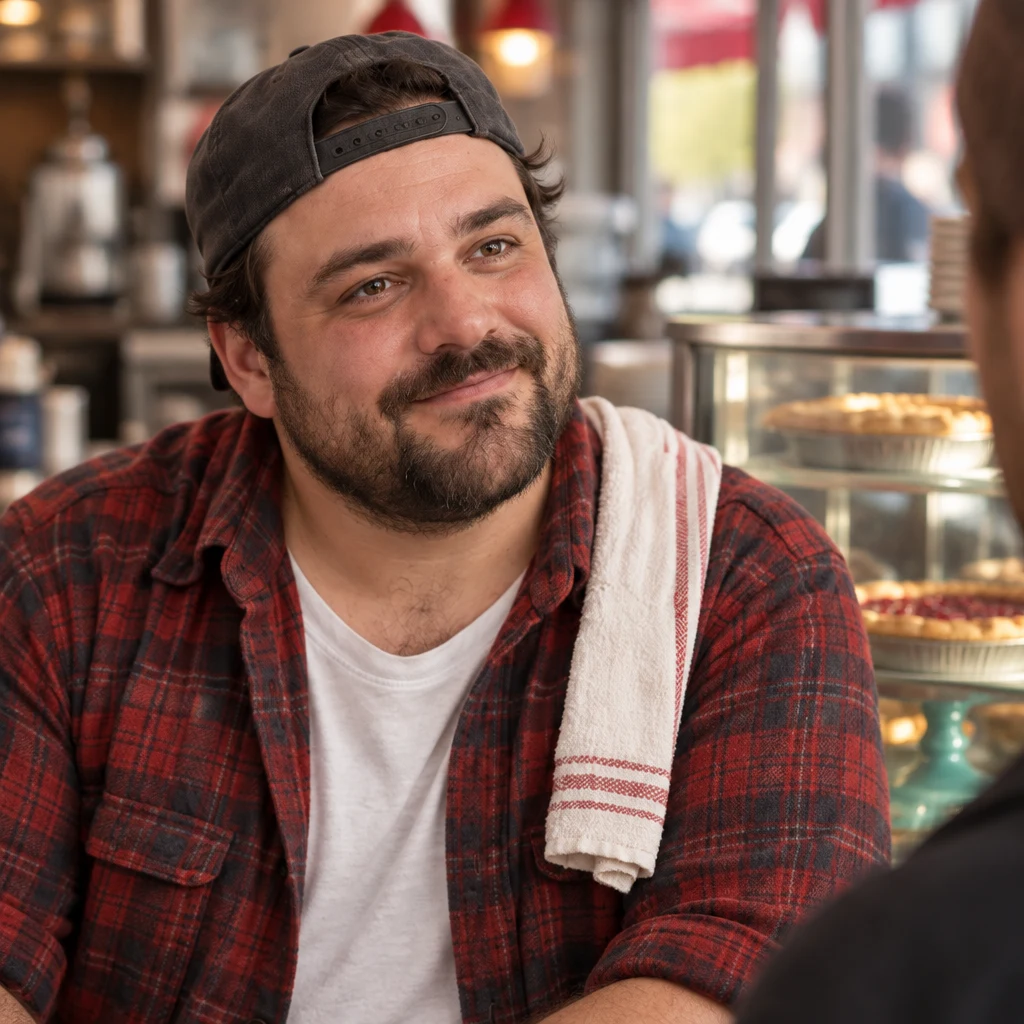 Danny turns attentively toward someone near the pie case who is looking for work.