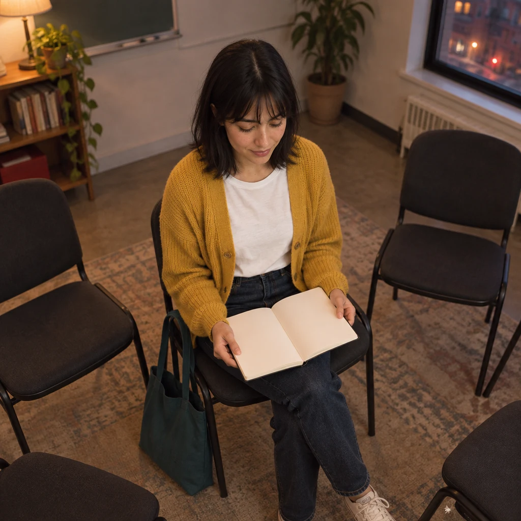 Ana sits in the circle of classroom chairs and looks over her blank notebook.