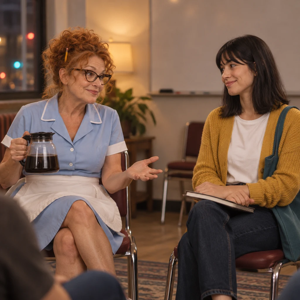 Dee asks Ana what subject she is learning as they sit facing each other.