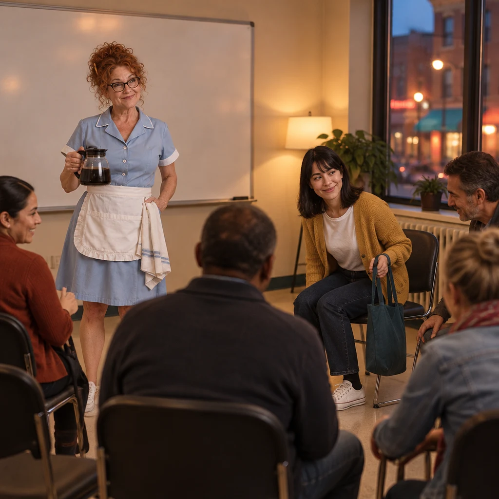 Dee waits by the blank whiteboard as Ana and other adult learners settle into the chair circle.