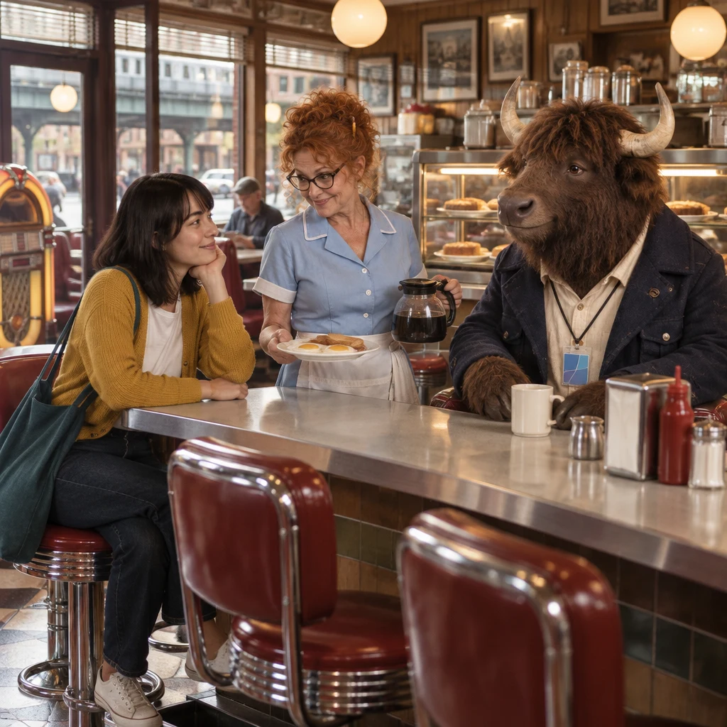 Ana sits at the counter while Dee holds a plate of eggs and Murray sits nearby with full coffee.