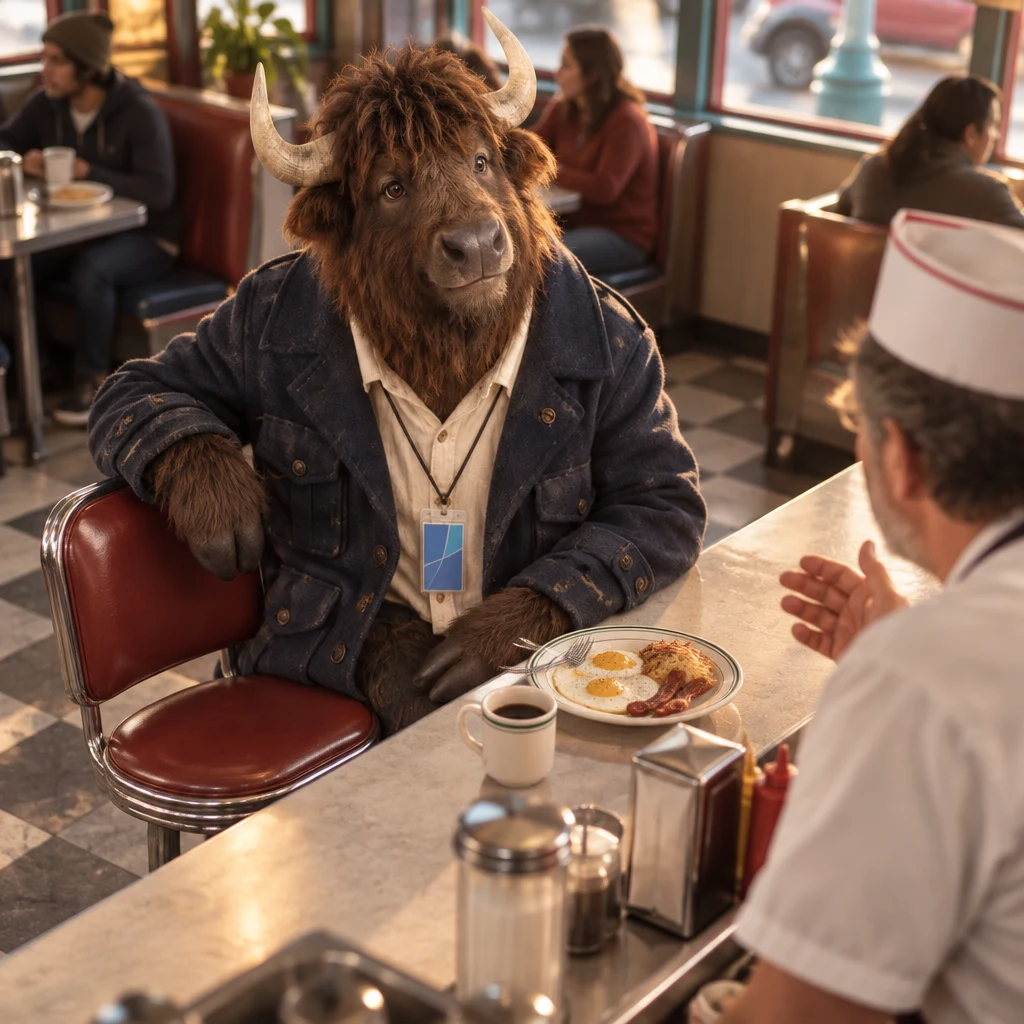 Murray sits across two stools with his eggs and unfinished coffee nearby, quietly weighing whether the story is true.