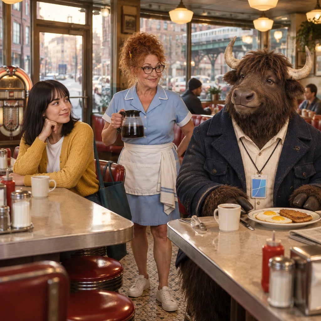 Ana sits at the counter as Dee looks up with a coffee pot and Murray occupies two stools with eggs and unfinished black coffee.