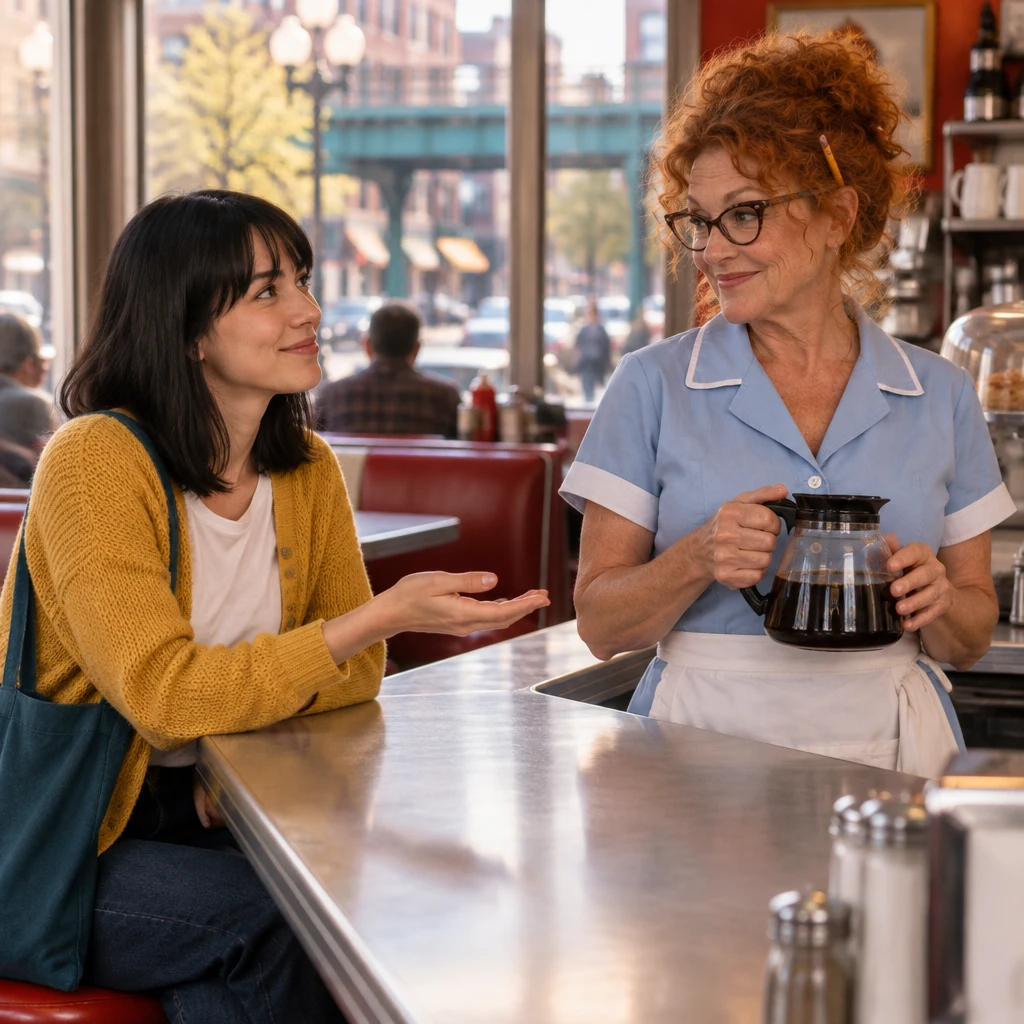 Ana politely asks Dee for the food list, and Dee listens from behind the counter.