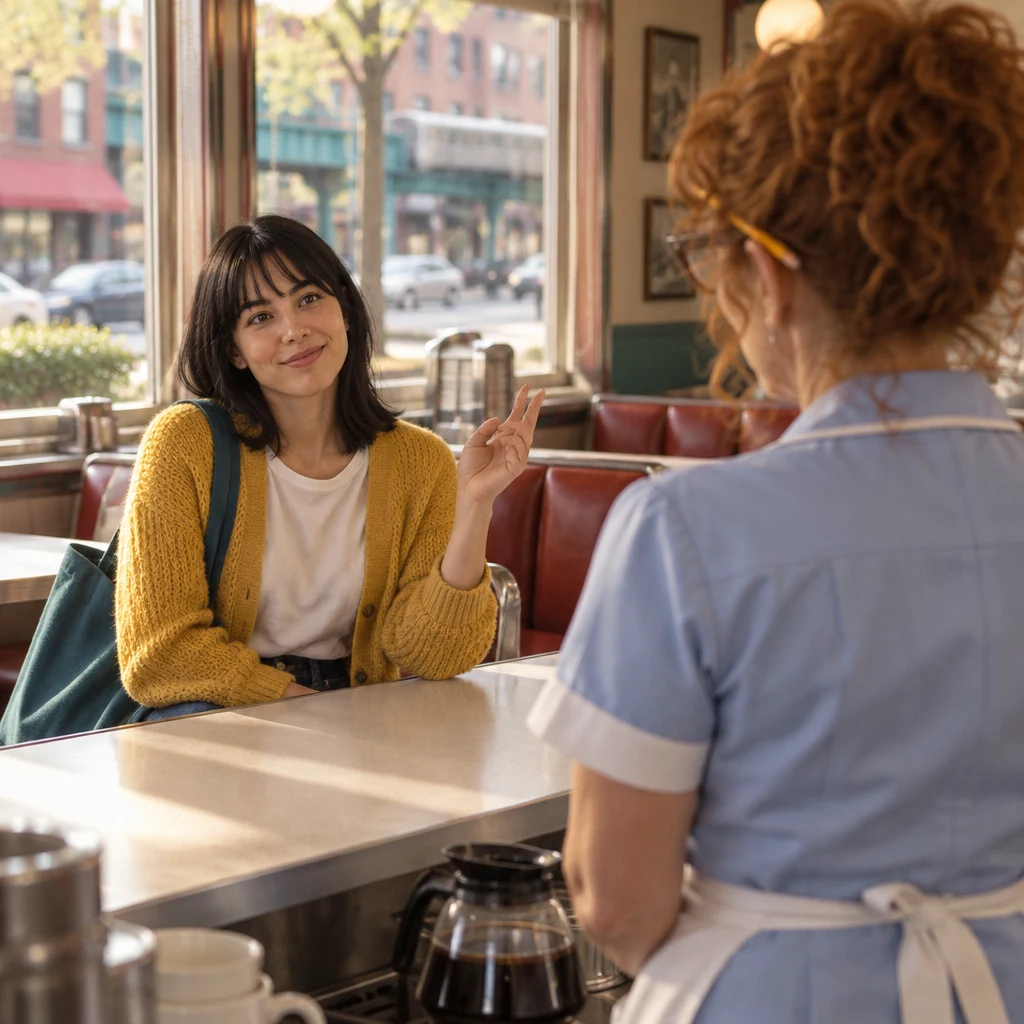 Ana makes a casual gesture to order food as Dee faces her across the counter.