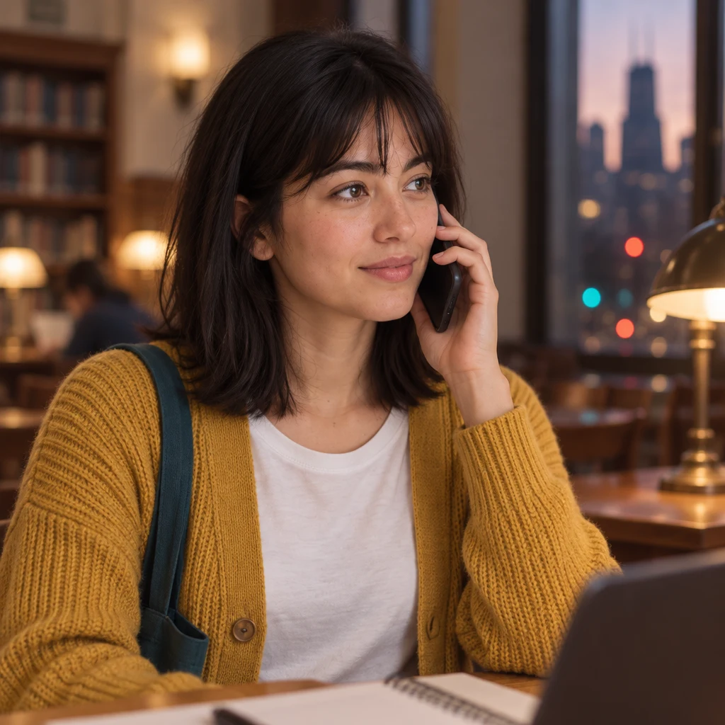 Ana holds a phone to her ear and practices a short, urgent line.