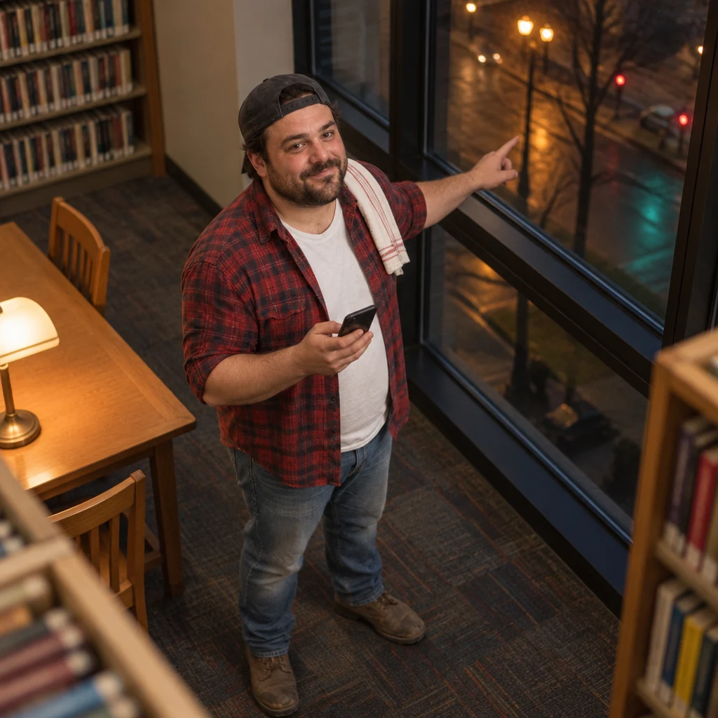 Danny practices reporting something burning while pointing toward the library window.